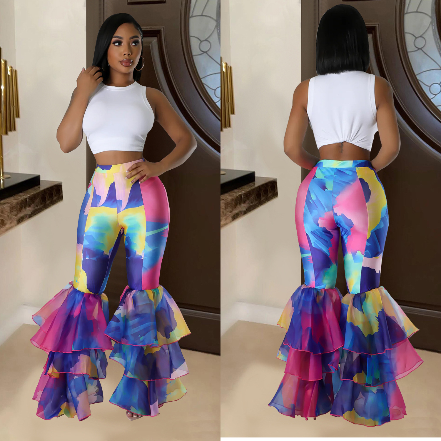 C6971 Cross-border AliExpress Amazon Independent Station Pantalones acampanados con estampado de mujer de moda europea y americana Pantalones de mujer con volantes image 3