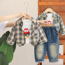 儿童春秋季开衫三件套中小童新款帅气男宝宝格子衬衫小汽车套装