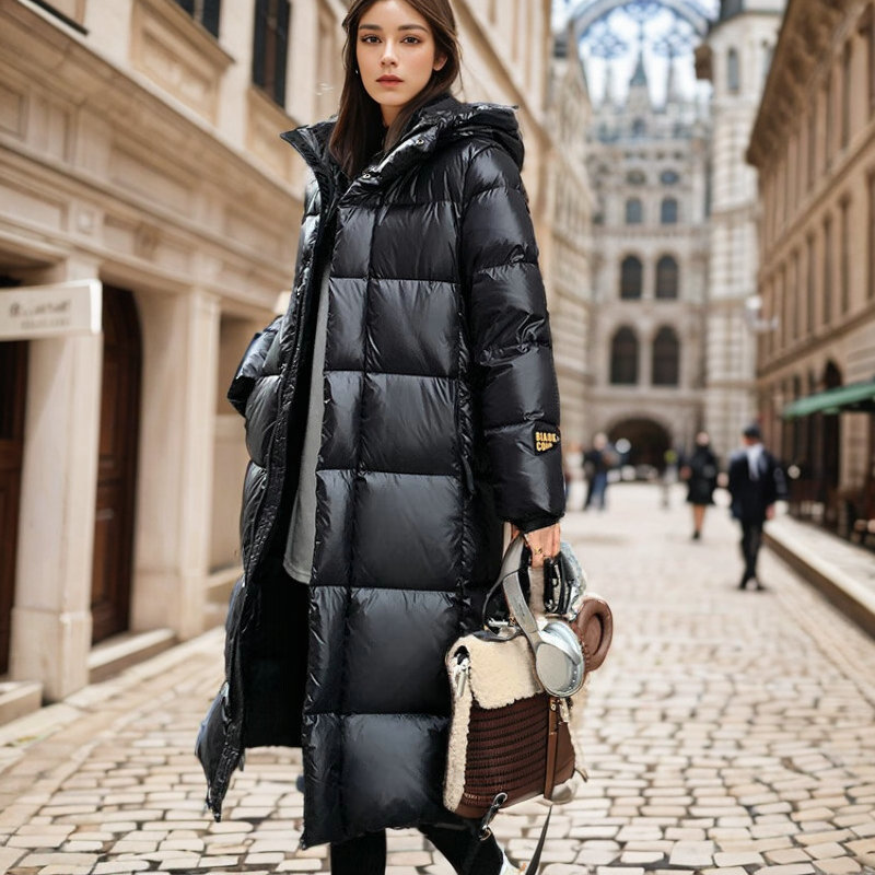 黑金羽绒服女高级感冬季女长款平湖羽绒服连帽鸭绒冬季外套-阿里巴巴