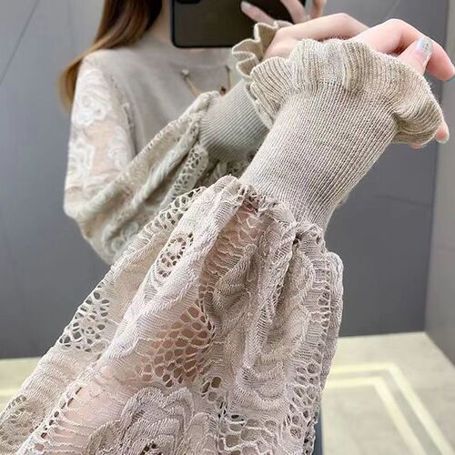 Spring New Arrival Round-Neck Pullover Hollow-Out Sweater for Women, Loose-Fitting Lace Fashion Top, Knitted Base Layer Shirt for Outwear