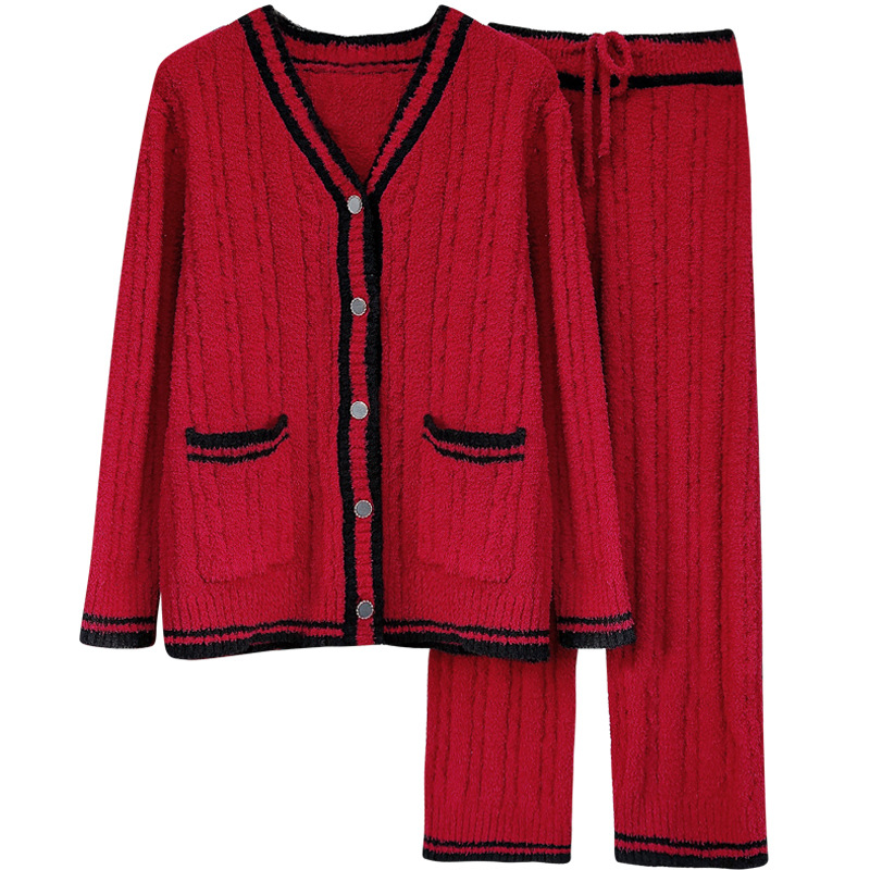 트위스트 로프 스타일 카디건 파자마 여성용 가을과 겨울 부드러운 편안한 기모 두꺼운 따뜻한 외형 홈 의류