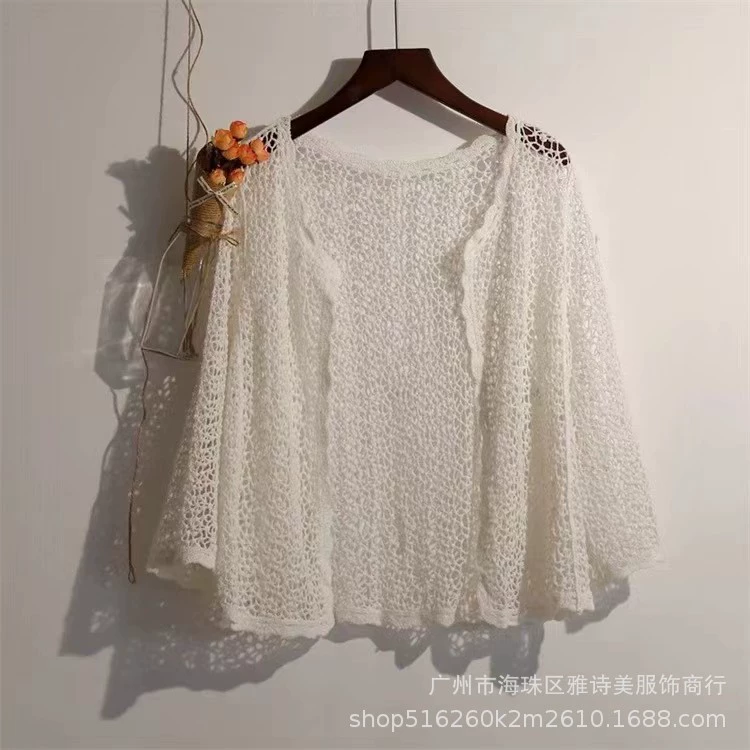 Сетчатое короткое солнцезащитное пальто, женский топ, верхняя одежда, Кардиган с длинным рукавом и вышивкой, полая Солнцезащитная рубашка