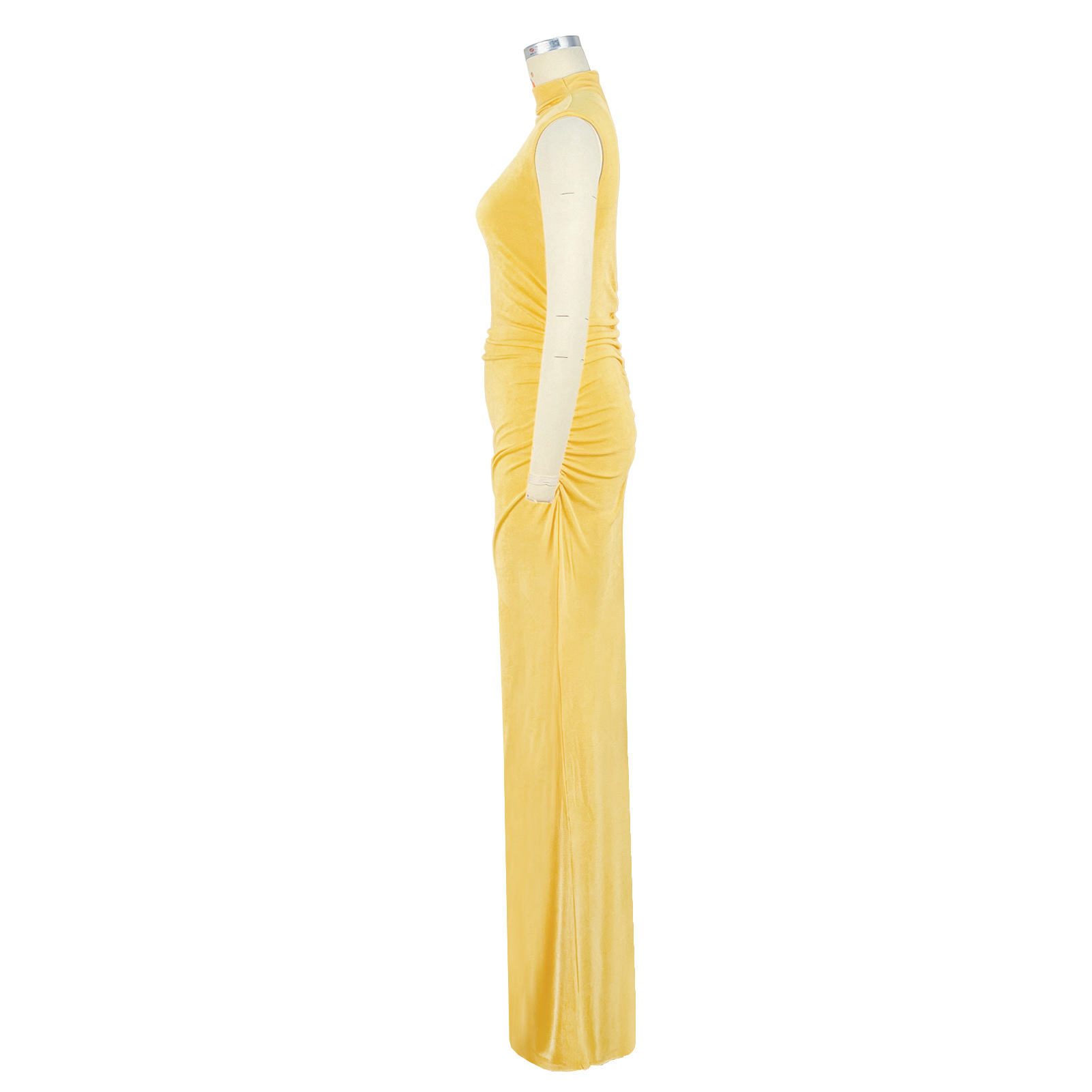 Women Clothing Goods Half Turtleneck Pleated Waist Slimming Sleeveless High Elastic Maxi Dress