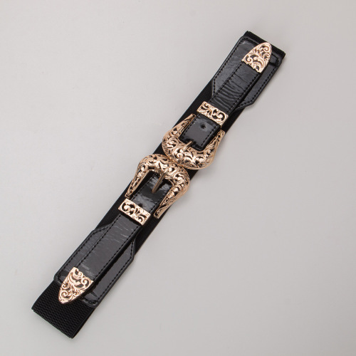 Black retro carved hollow double buckle wide belt double buckle elastic elastic waistband versatile waistband women's accessories