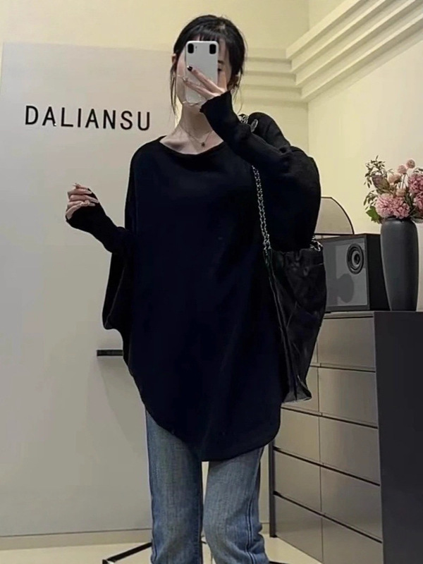 慵懒风V领针织衫毛衣外套2025春秋新款不规则设计感蝙蝠袖女上衣|undefined