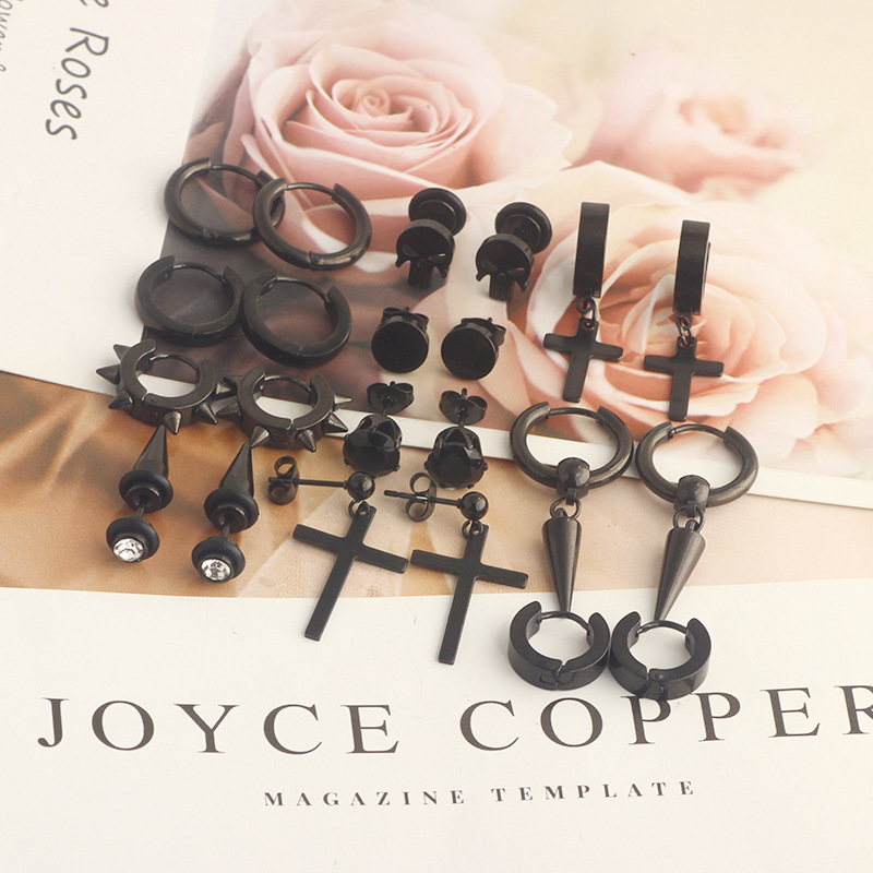 12 Pair Black Stainless Steel Cross Dumbbell Earrings Set - Cartilage Hoops for Men Women detail image 8