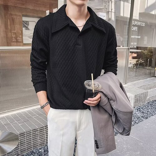 Spring and Autumn New Style Collarless Hoodie for Men American High Street Loose Retro Texture Crew Neck Fashion Polo Shirt Top Trendy