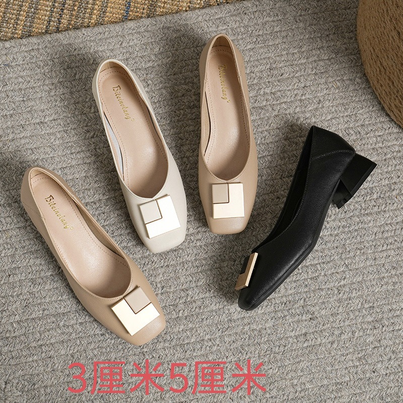 Evening style lady single-layer shoes women's shoes 2023 new popular retro commuter soft leather square toe mid-high heel grandma shoes