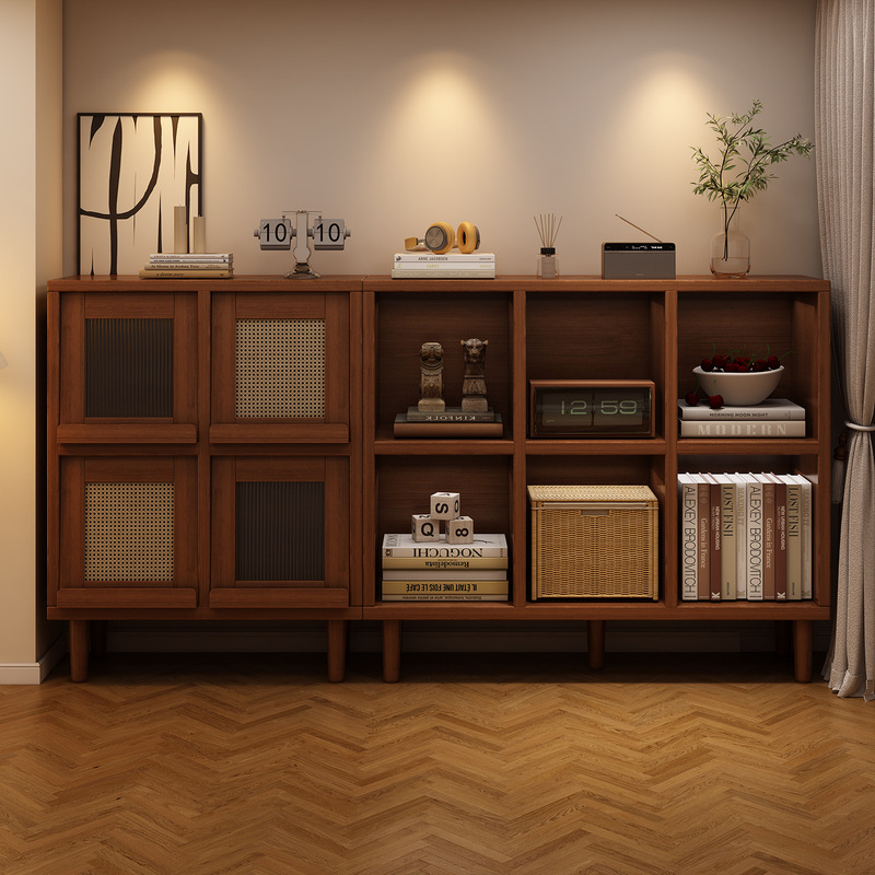 Solid Wood Sideboard Floor-Standing Storage Cabinet Living Room Walnut Color Plaid Cabinet Kitchen Storage Cabinet Solid Wood Tea Low Cabinet