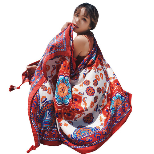 Xiaohongshu New Ethnic Style Scarf Summer Seaside Travel Sunshade Silk Scarf Sunscreen Cotton and Linen Printed Shawl Wholesale