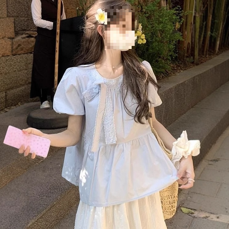 Bow Lace Puff Sleeve Shirt for Women Summer French Design Niche Strap Gentle and Chic Short-Sleeved Top