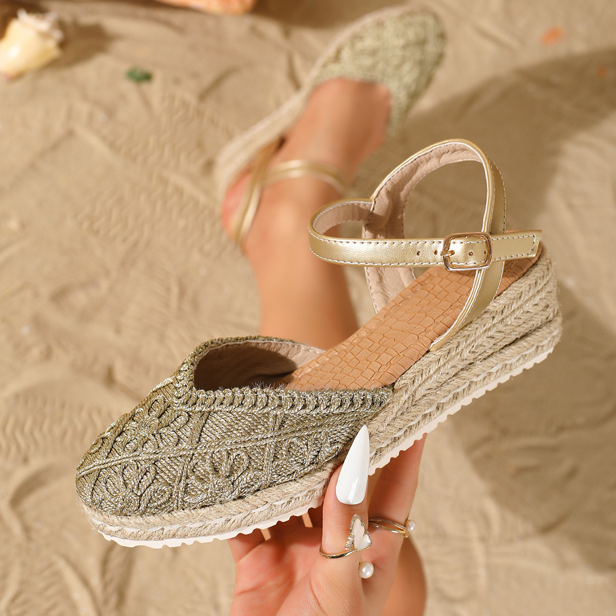 Sandalias de Cuña con Suela de Cáñamo en Lino con Cierre de Hebilla image 8