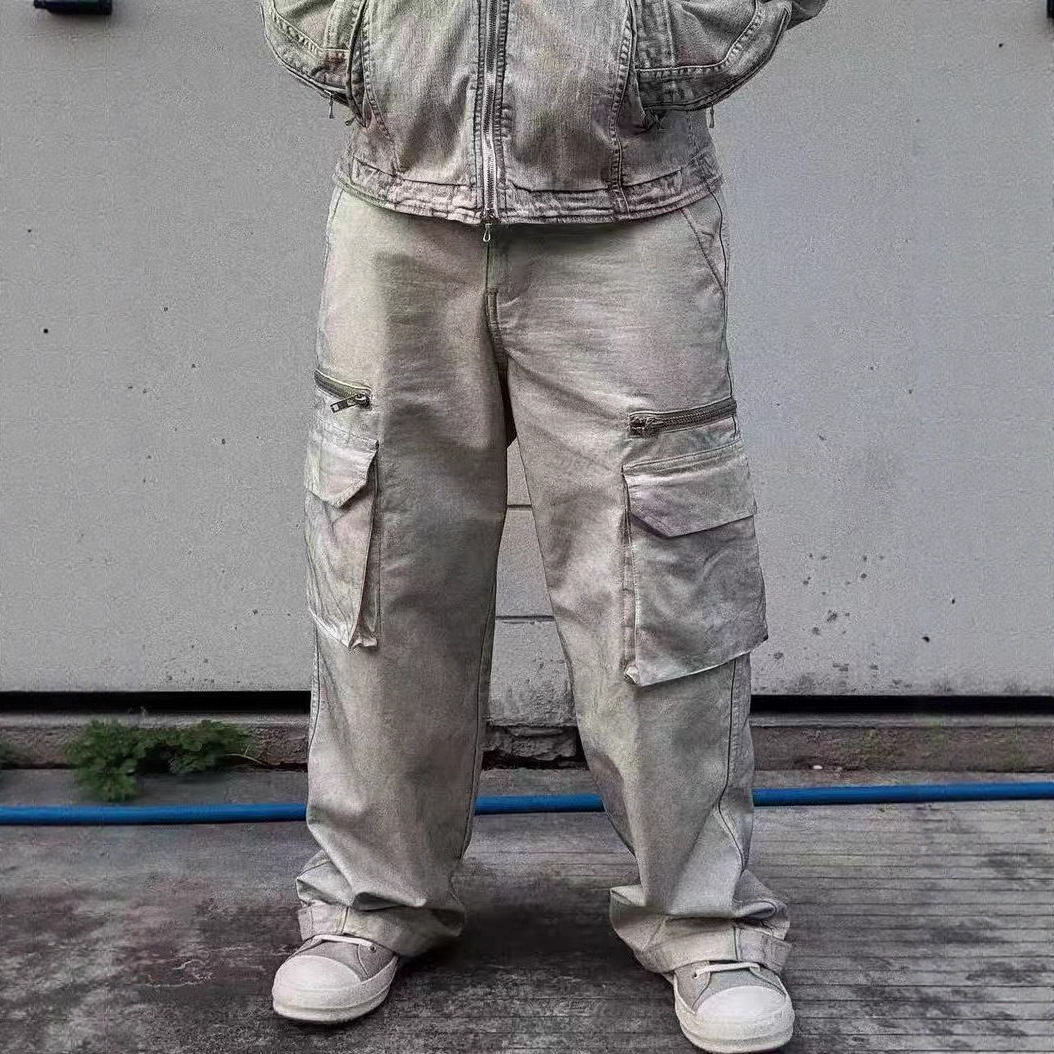 Wang Sulong Style Pocket Zipper Bombshell Design Washed Vintage Faded Cargo Pants Denim Casual Outdoor Sports