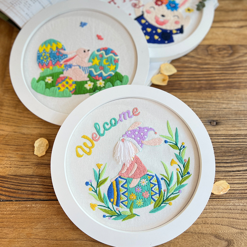 Conejo de Pascua cuelga pinturas bordadas lu decoraciones de salón dibujos animados huevos bordados a mano bolsas de material diy