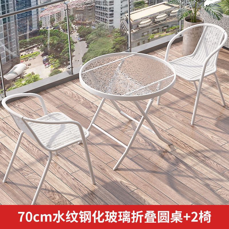 Mesa y silla de balcón de tres piezas, mesas de té casuales, combinación de vidrio blanco plegable, una mesa y dos sillas, mesas de té pequeñas
