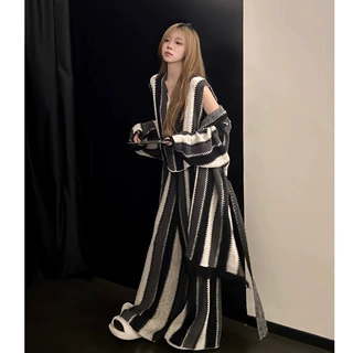 纯欲性感复古氛围感条纹半边绒睡衣女秋季新款加厚加绒家居服套装