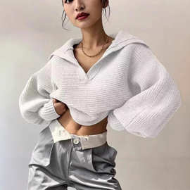 亚马逊爆款2025欧美外贸秋季新品毛衣针织衫V形翻领套头上衣女