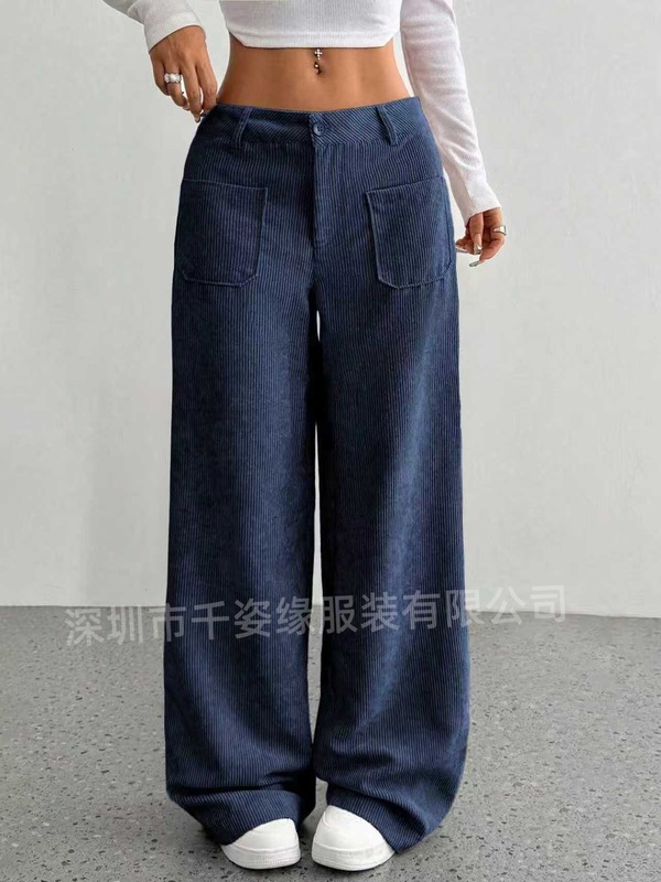 欧美女装亚马逊跨境爆款休闲裤灯芯绒高腰多口袋宽松拖地阔腿裤|undefined