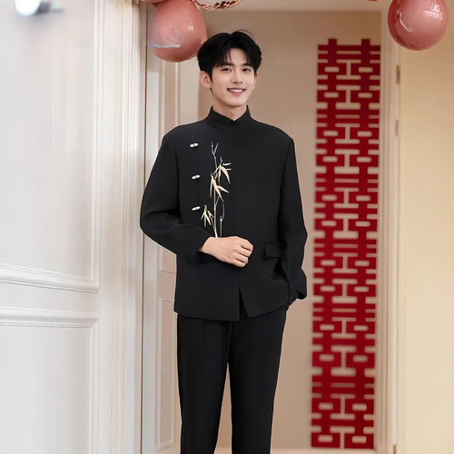 Modern Chinese Men's Wedding Guest Suit Leisure Suit Set with Chinese Style Stand-up Collar, Gold Bamboo Embroidery Zhongshan Suit and Suit for Men