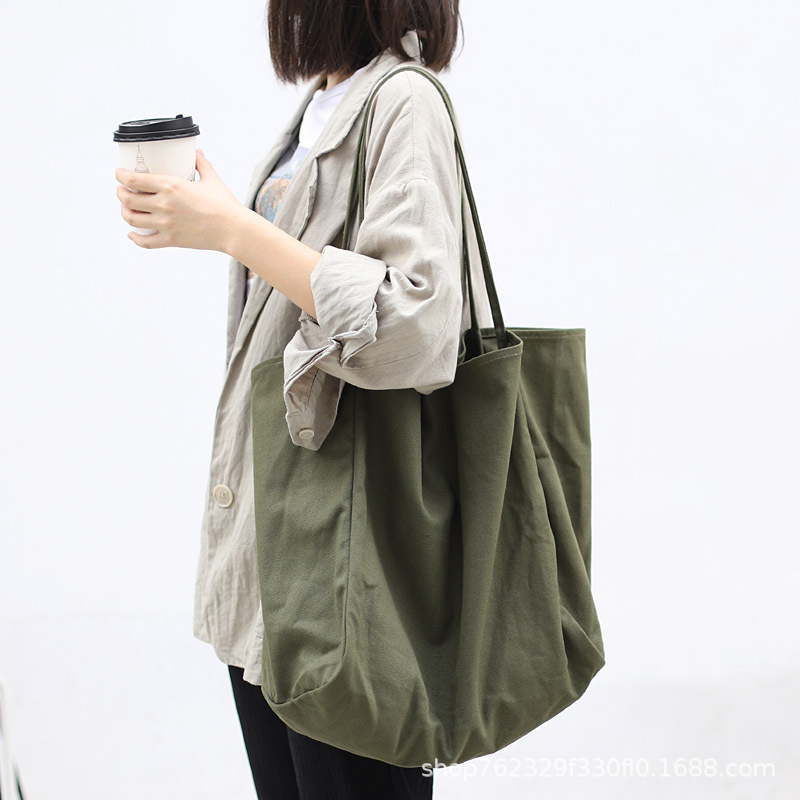 Japanese ins large capacity canvas handbag commuter shopping bag cloth bag South Korea solid color tote bag lazy style