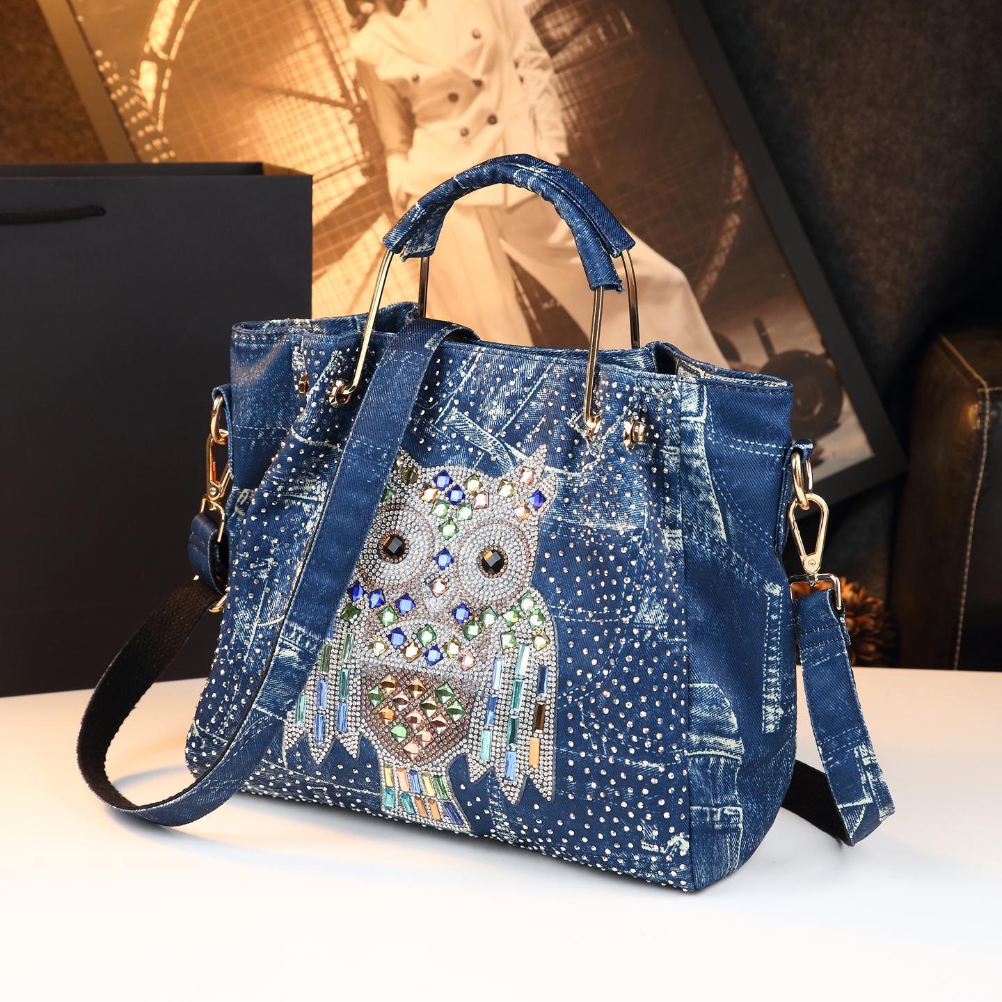 Túi tote denim phong cách punk đeo chéo cỡ lớn — Cao bồi xanh