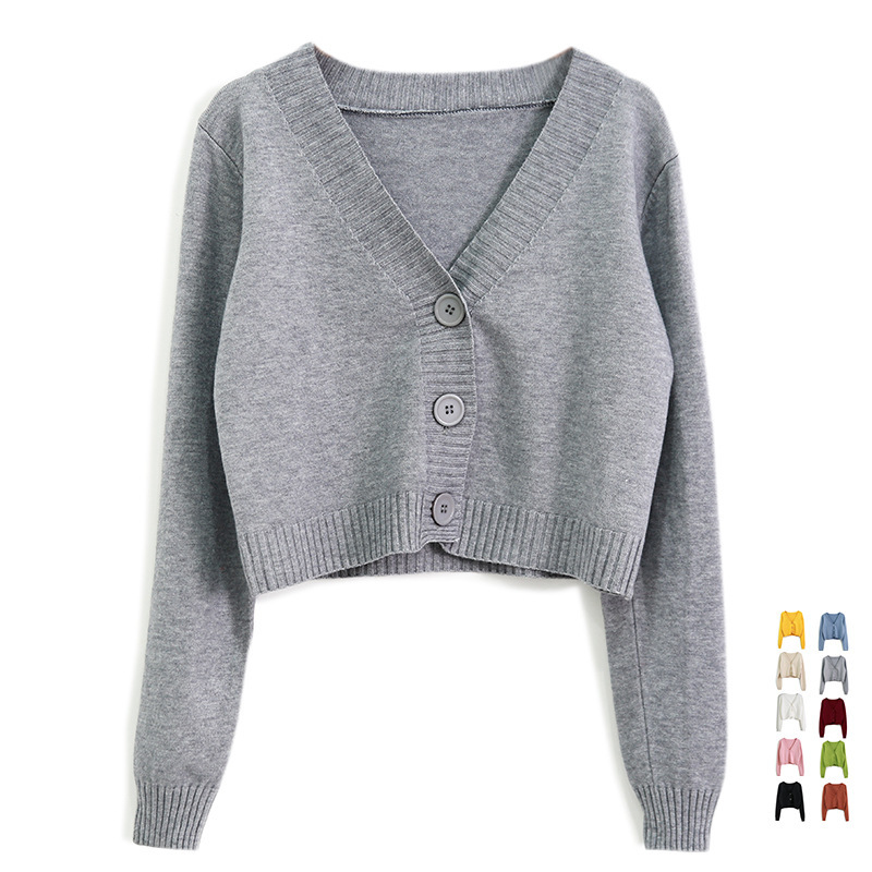 Retro Loose Short V Neck High Waist Pure Color Knitwear Small Outwear Autumn Long-Sleeved Outer Knitwear Cardigan Women's Top
