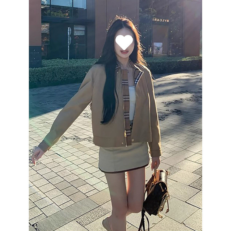 【东京日落】港风卡其色夹克风衣女秋季新款短款格子小外套|undefined