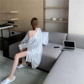 现货春夏性感纯欲风冰雪丝长袖白色衬衫裙女睡衣夏睡裙家居服批发