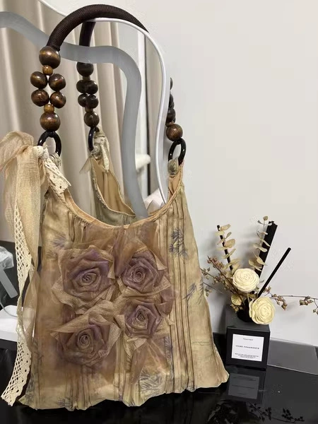 One-shoulder bag, retro flowered, foldable 28×34 cm, lightweight 0.2 kg
