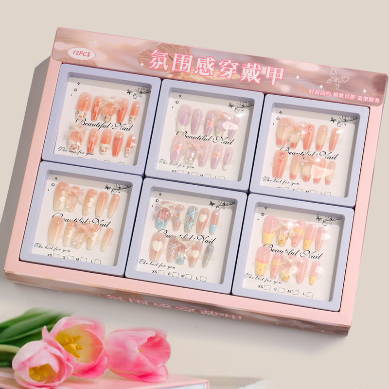 New Detachable Cute Bowknot Square Diamond Fake Nail Stickers 3D Nail Art Stickers Set of 12