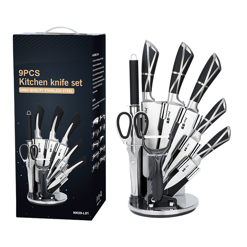 新品现货厨房刀具套装9件套不锈钢柄带亚克力旋转刀座组合套刀M38
