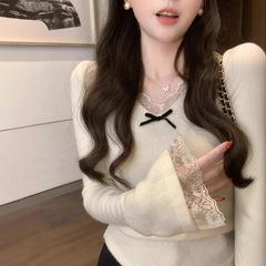 法式小香风蕾丝花边v领针织衫女秋冬纯欲风显瘦修身内搭打底上衣1