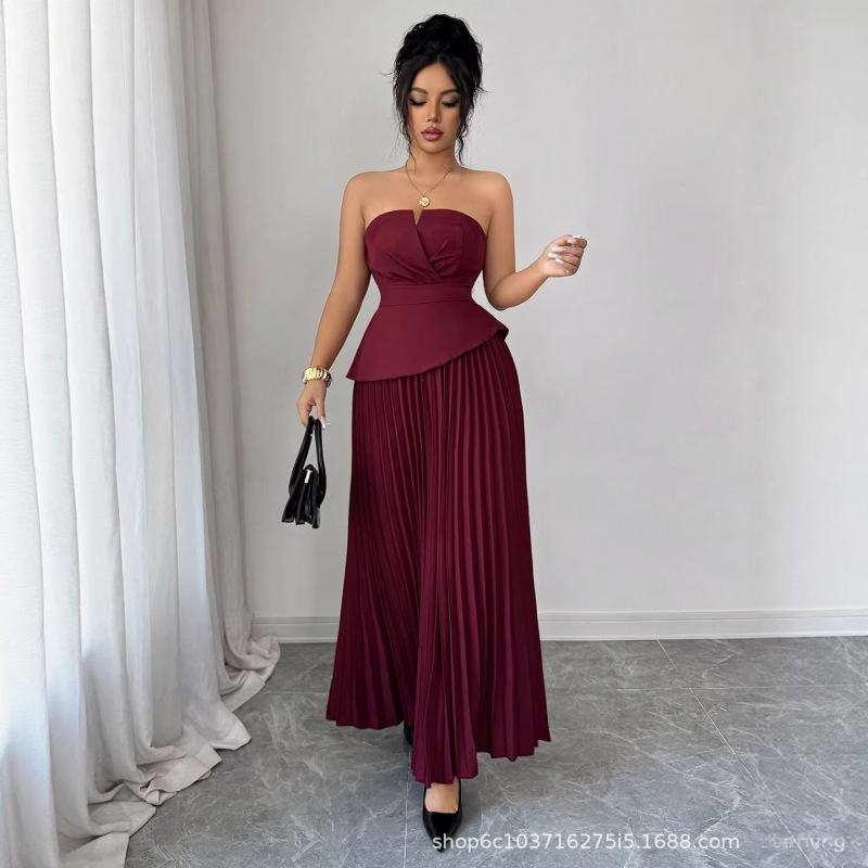 European and American Cross-Border Women's 2026 New Product Two-Piece Set: Short Top + Pleated Long Skirt Formal Suit
