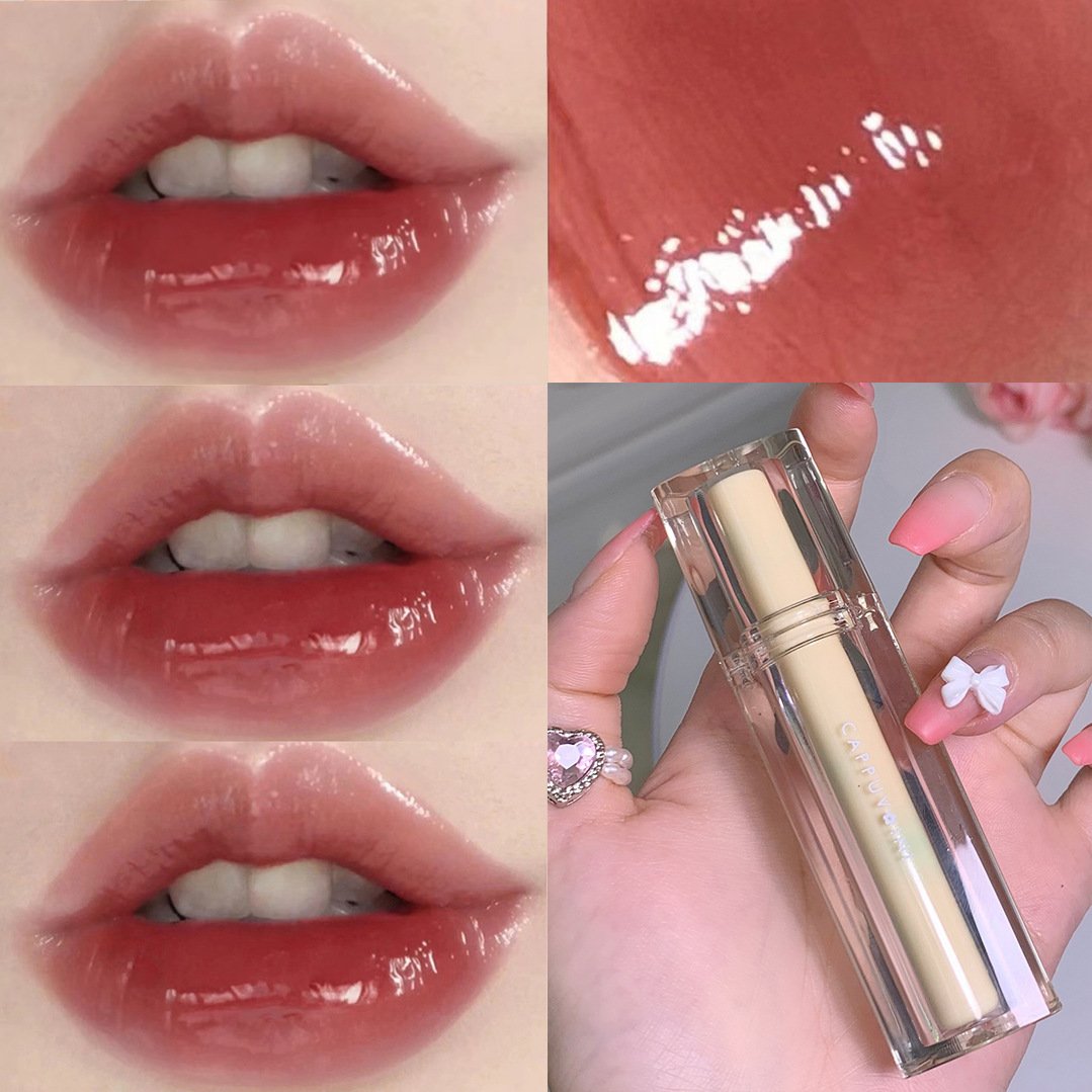 Cappuvini helado té espejo labio esmalte brillante labio brillante cristal jalea labio transparente tubo tarjeta burbuja Weini brillo de labios