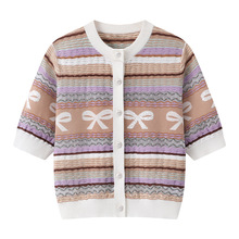 2025夏季新款女装蝴蝶结刺绣圆领短袖彩条纹针织衫上衣女3J2E504