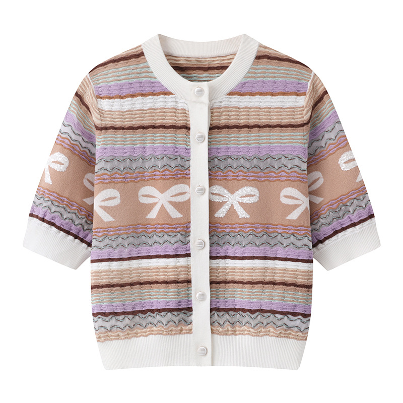 2025夏季新款女装蝴蝶结刺绣圆领短袖彩条纹针织衫上衣女3J2E504