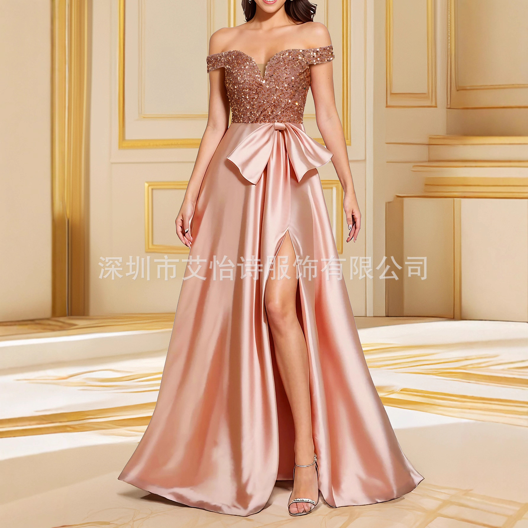 Cross-Border Elegant Evening Dress Banquet Party Dress Long Skirt Floor-Length Slit Sequin Splicing Bow Dress