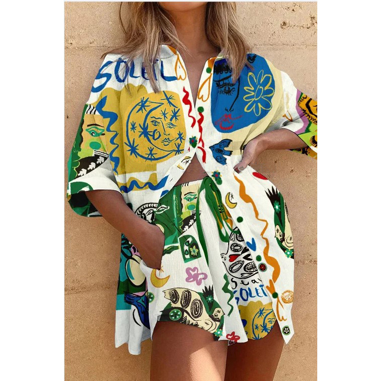 2 Pieces Set Quantity Daily Occasion Turndown Neckline Comfort Function Regular Fit Fit Type Daily Women's Casual Printing Animal Polyester Button Shorts Co-ord Set Shorts Sets