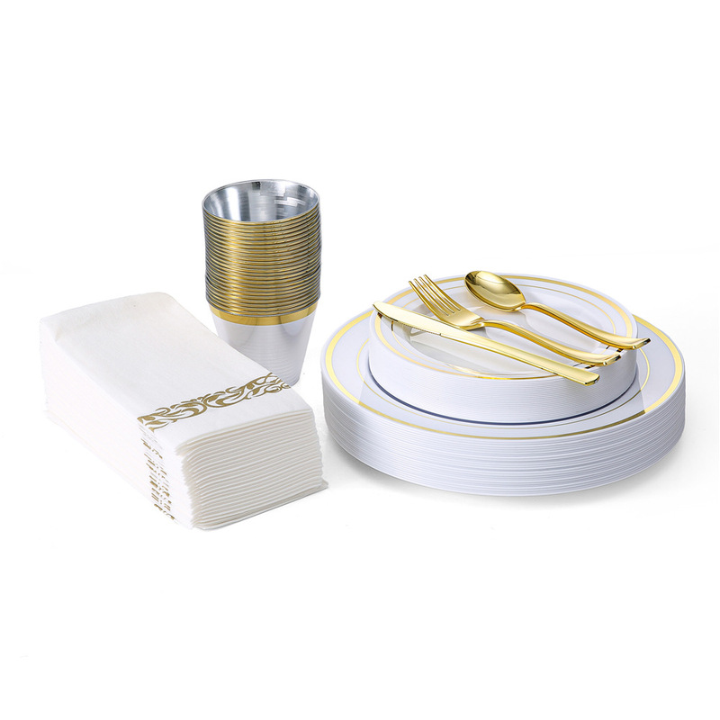 Ready-Made Disposable Tableware Gold-Rimmed Set Knife, Fork and Spoon Serving Birthday Party Set Amazon Xiyin Cross-Border