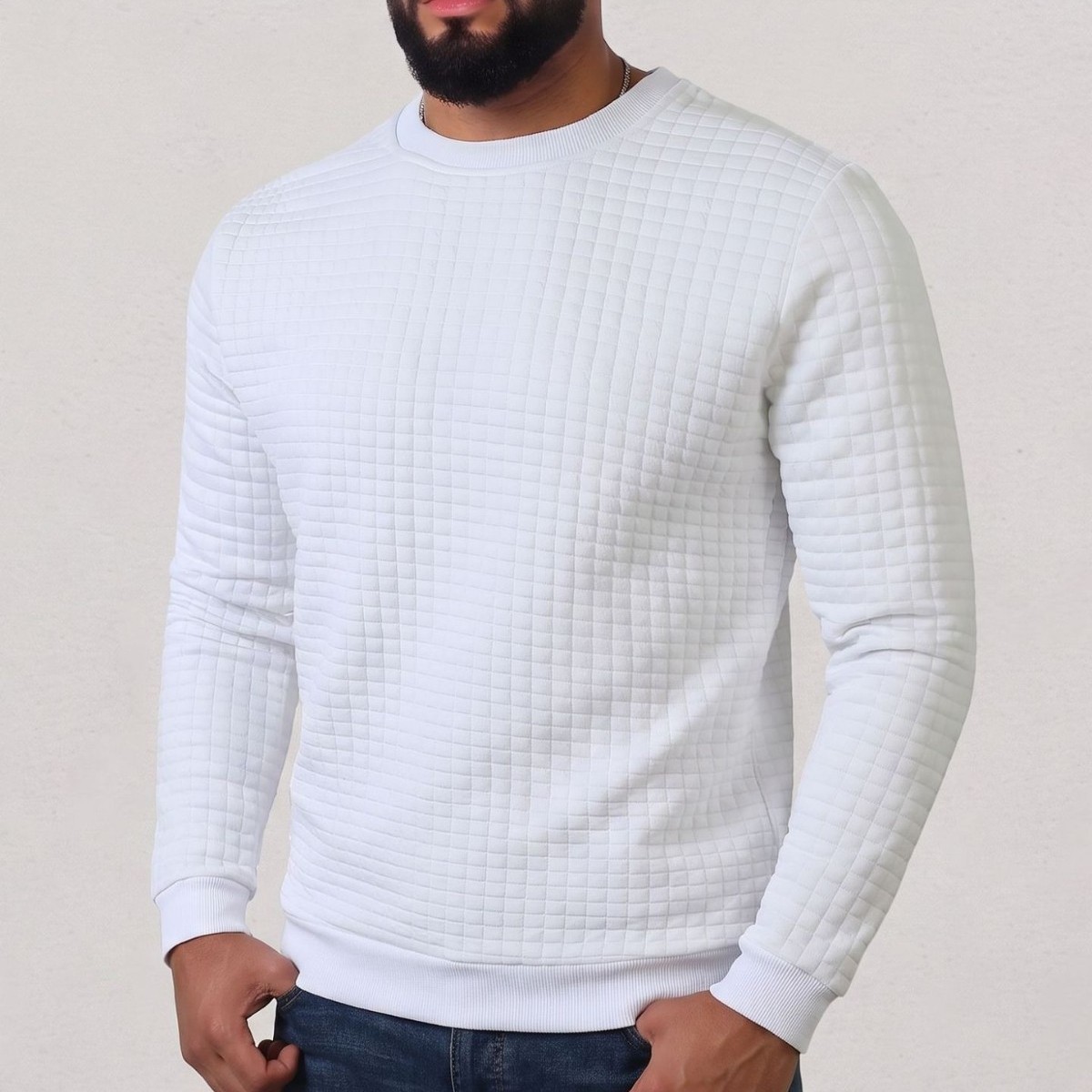 Cross-border spring and autumn American-style new loose-fit casual top for men, featuring a simple, sporty plaid design, round neckline, and long sleeves