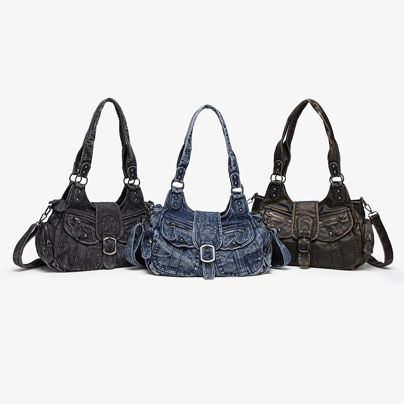 Cross-Border Women's Fashion Multi-Pocket Denim Tote Bag Trendy Washed Shoulder Crossbody Handbag