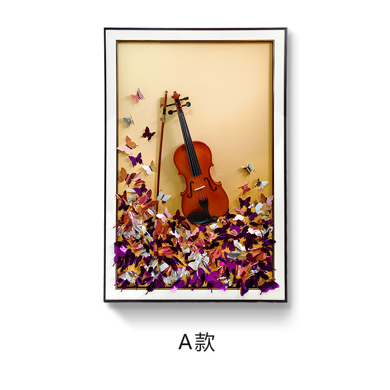 Pintura colgante de violín Hecho a mano Mariposa tridimensional Entrada de cuero Pasillo Pasillo Pintura decorativa Mural atmosférico de alta gama