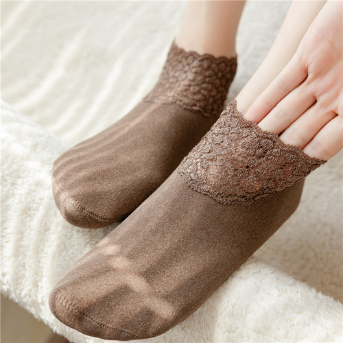 Delicate lace edge women's floor socks with plush lining, non-slip, warm and thick winter socks for autumn and winter