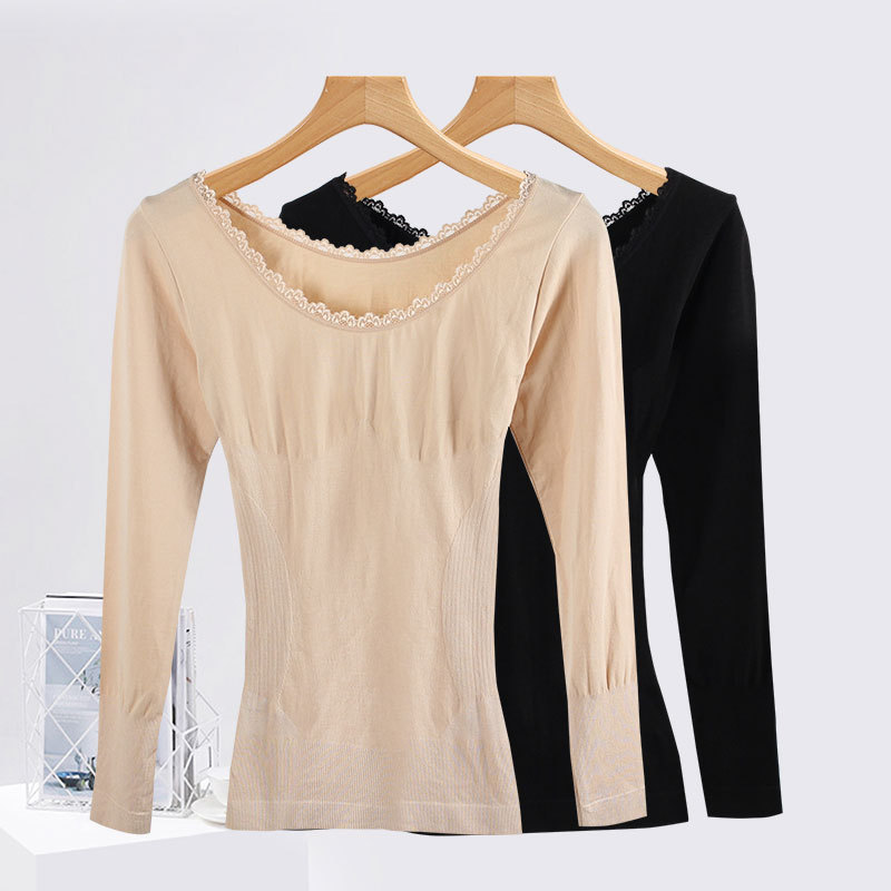 Low collar lace thermal underwear women's thin top tight long sleeve bottoming cotton sweater body shaping belly contracting autumn clothes Low collar lace thermal underwear women's thin top tight long sleeve bottoming cotton sweater body shaping belly contracting autumn clothes