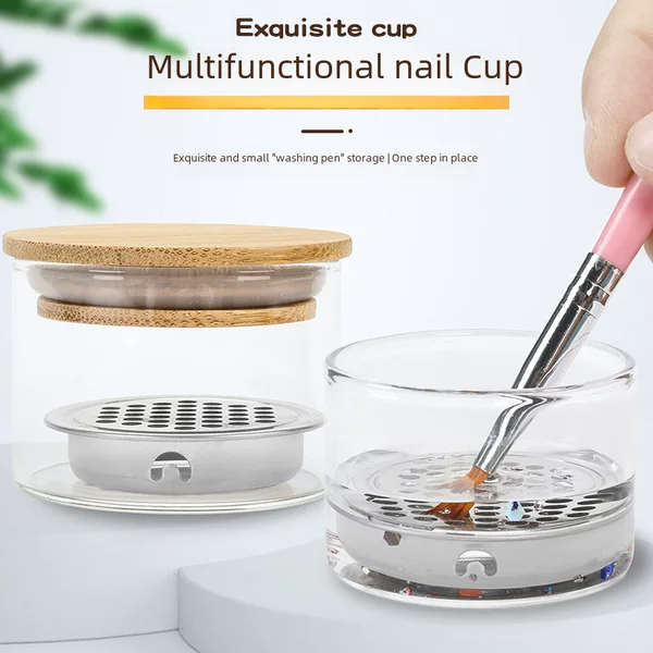 Nail thickened glass washing pen crystal cup stainless steel mesh filter Cup phototherapy brush cleaning tool wholesale
