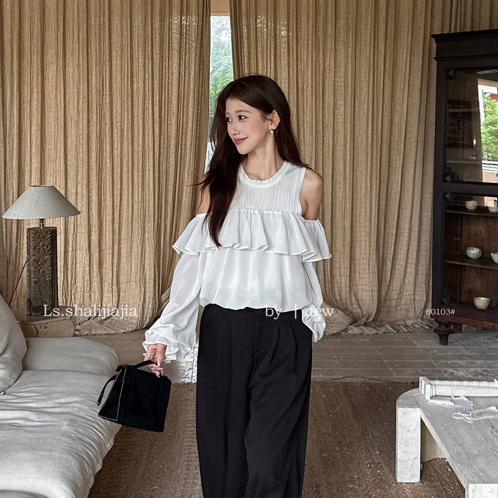 LS Elegant and alluring off-shoulder blouse for women, Guangzhou Shisanhang 2026 early autumn new style, women's clothing 60103