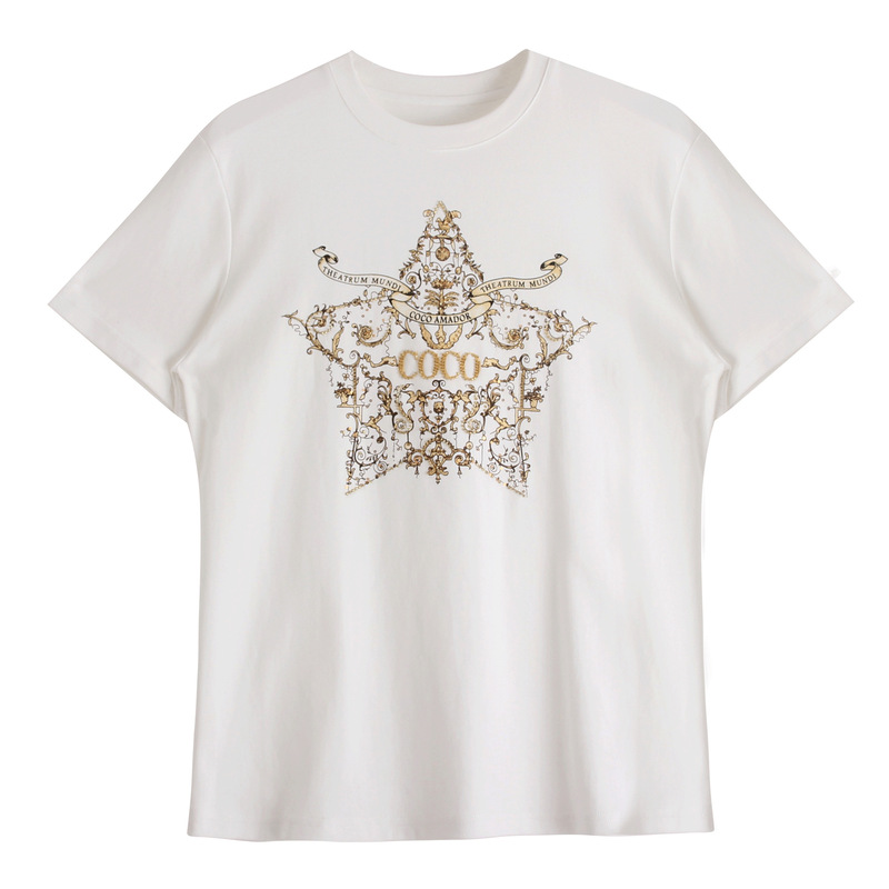 Anfiona 26 Spring and Summer New Trendy Sequined Five-Pointed Star Pattern Versatile Casual Round Neck Short-Sleeved T-Shirt 6008