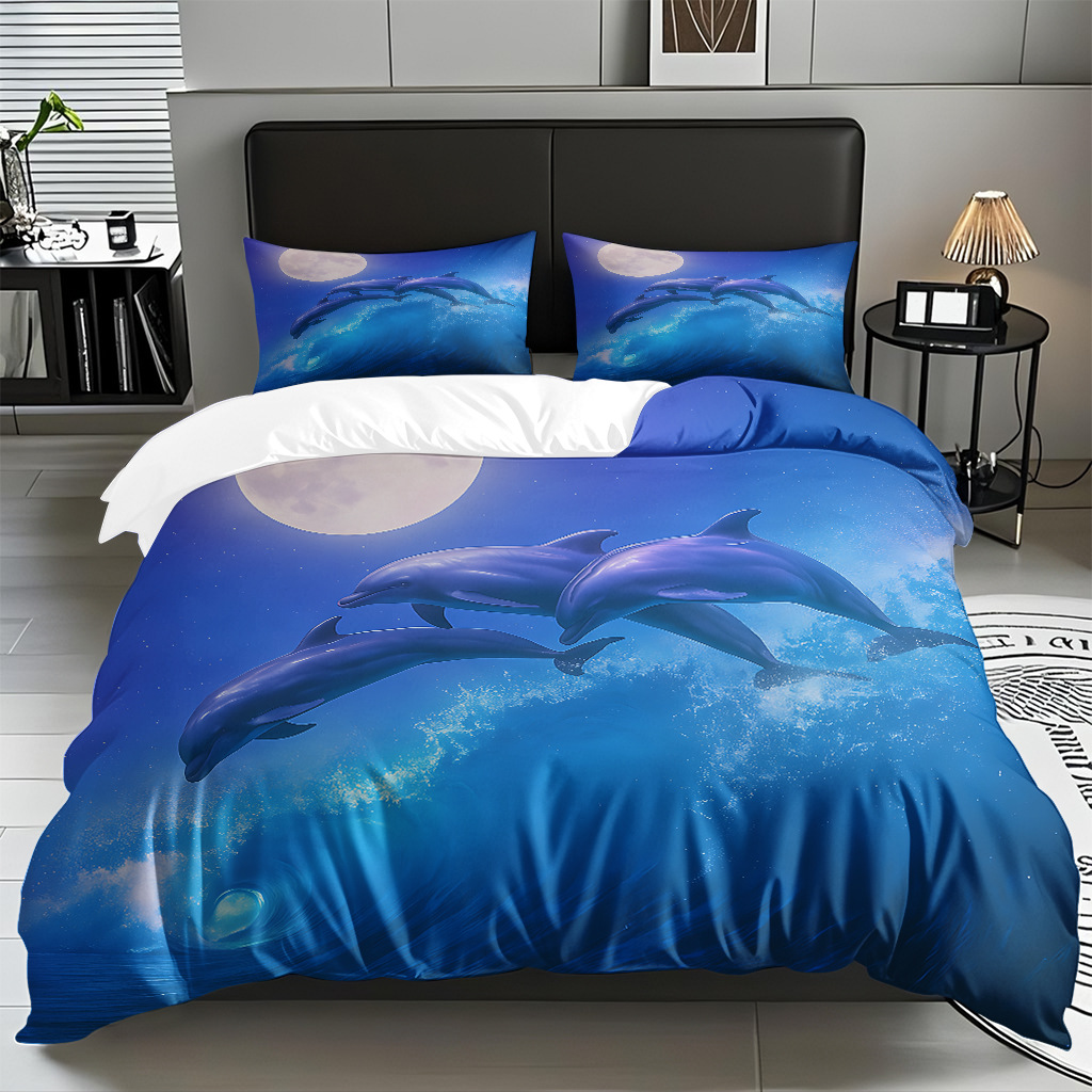 TEMU / JIT Amazonas transfronterizo varios animales marinos patrón 3D impresión digital colcha colchón kit de almohada