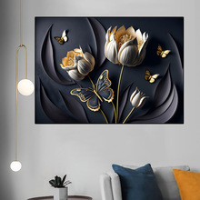 北欧装饰画金色植物花朵家居装饰帆布挂画铝合金晶瓷镶钻画冰晶画