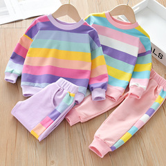 Autumn girls' suit rainbow 2023 autumn and winter new style children's style plus velvet thickened casual sportswear two-piece set